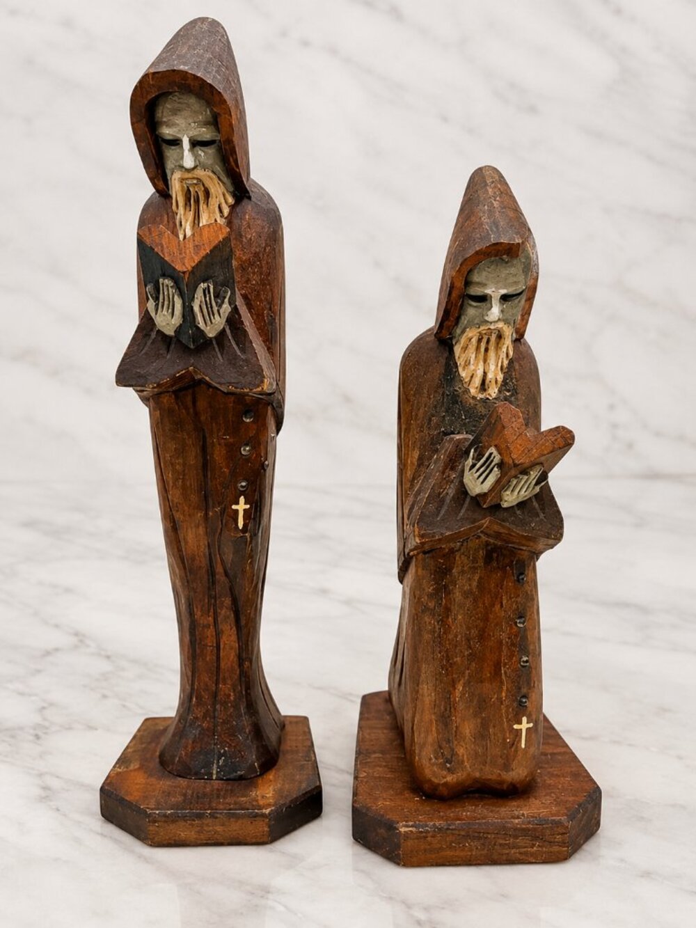 Vintage Hand Carved Wooden Monk Figurines Set Religious Rustic Sculptures